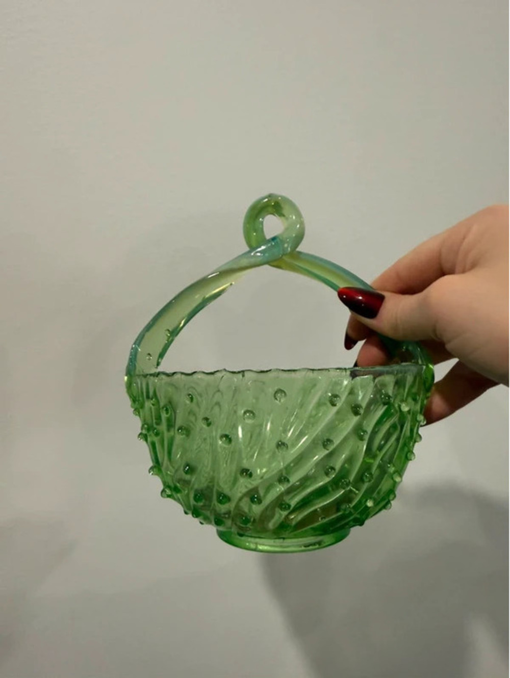 Vintage Green Art Glass Basket Applied Loop Handle